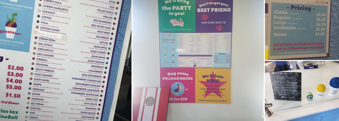 Pelican’s SnoBalls Menu