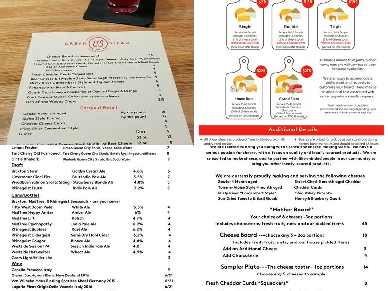 Urban Stead Cheese Menu