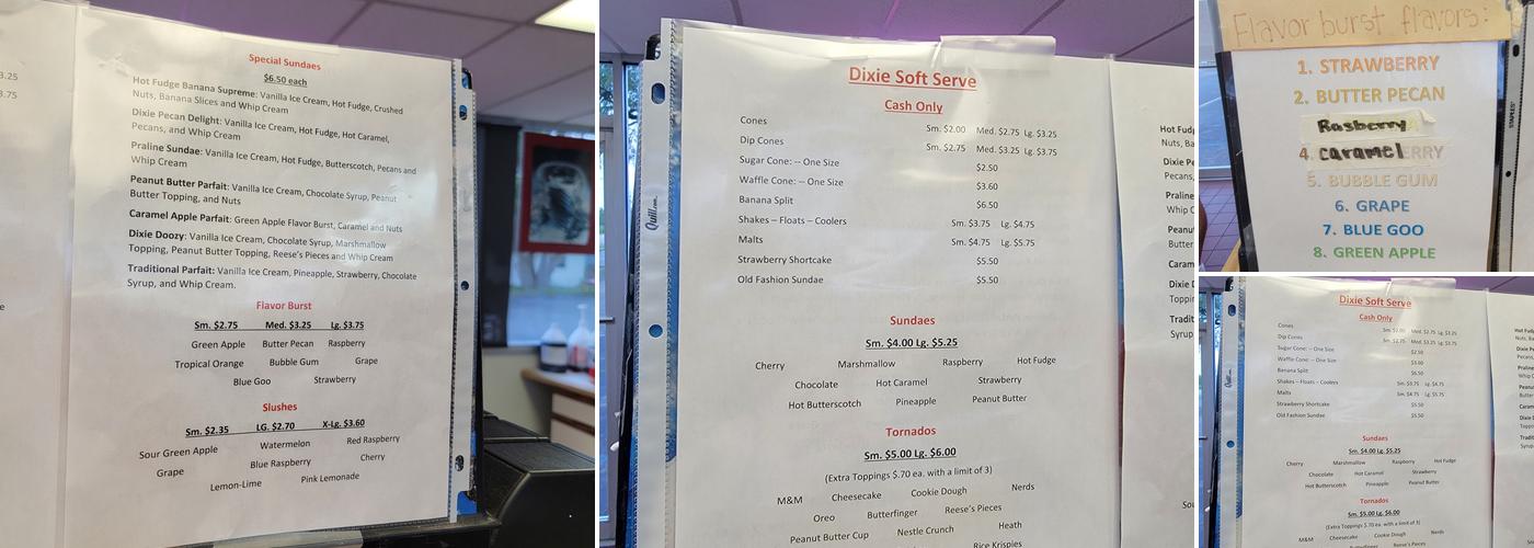 Dixie Soft Serve Menu