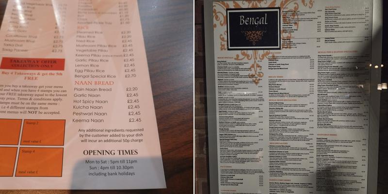 Bengal Brasserie Menu
