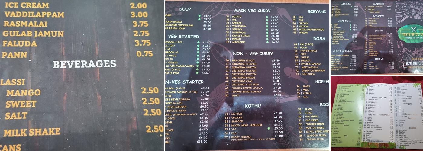 Taste of Ceylon Wallington Menu