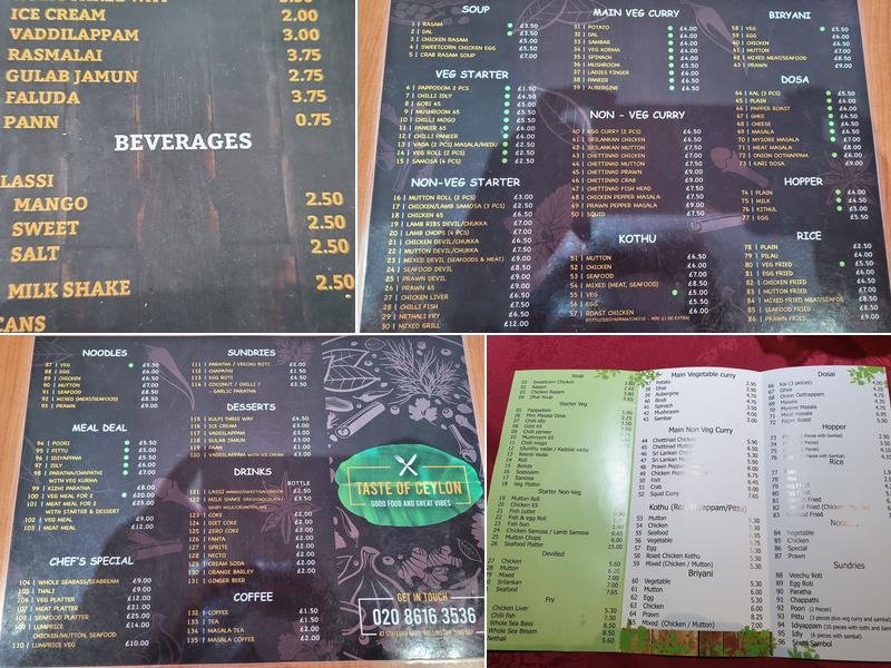Taste of Ceylon Wallington Menu