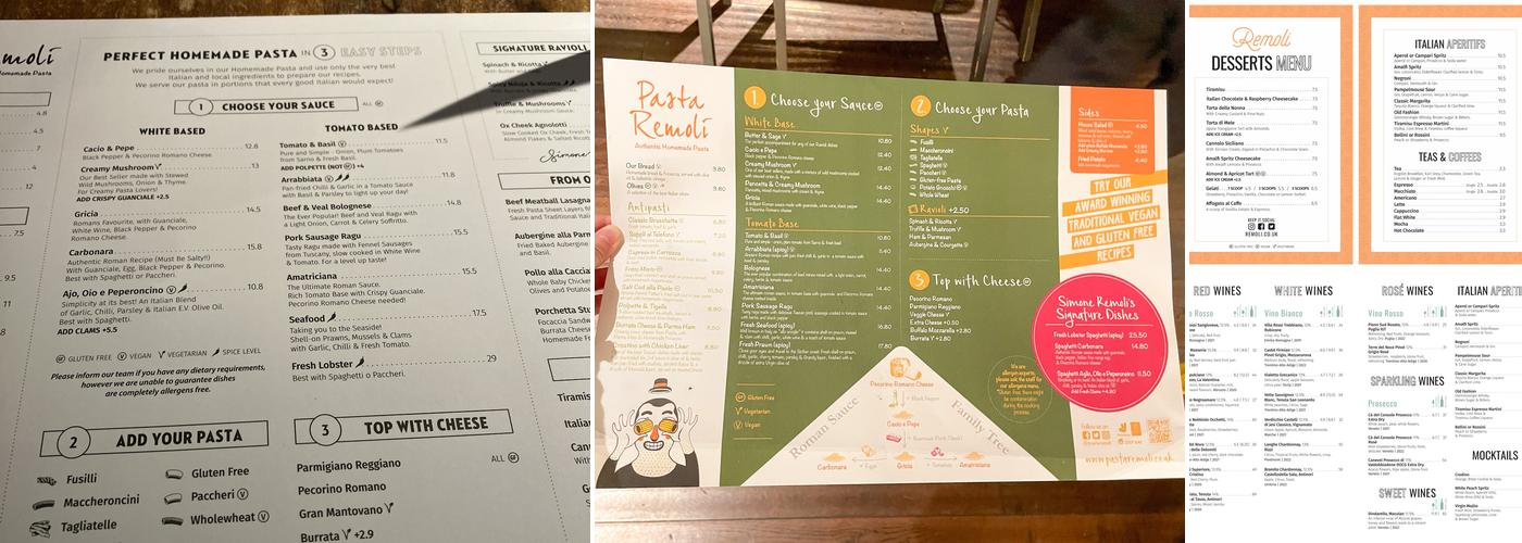 Pasta Remoli Ealing Broadway Menu