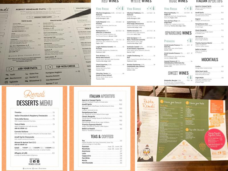 Pasta Remoli Ealing Broadway Menu