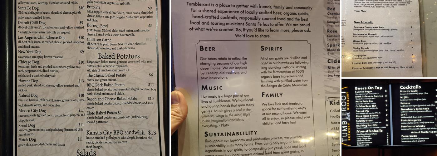 Tumbleroot Brewery and Distillery Menu