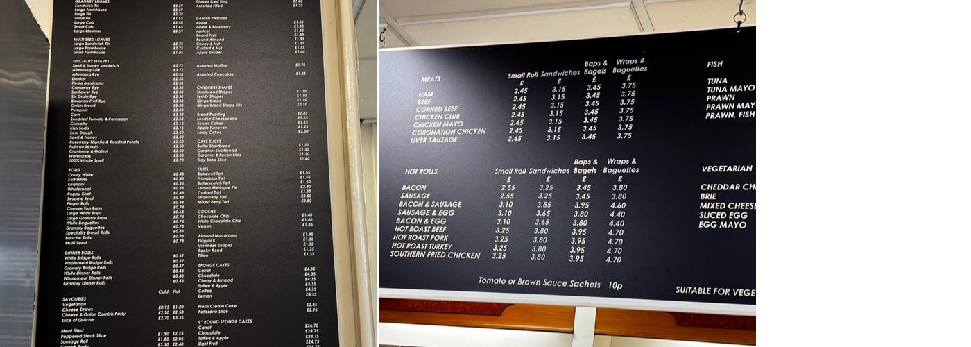 Tongham Village Bakery Menu