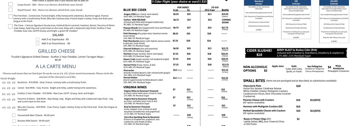 Blue Bee Cider Menu