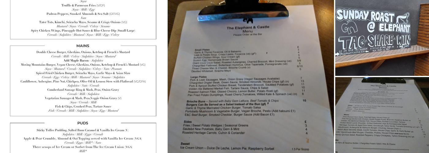 The Elephant and Castle Pub Menu