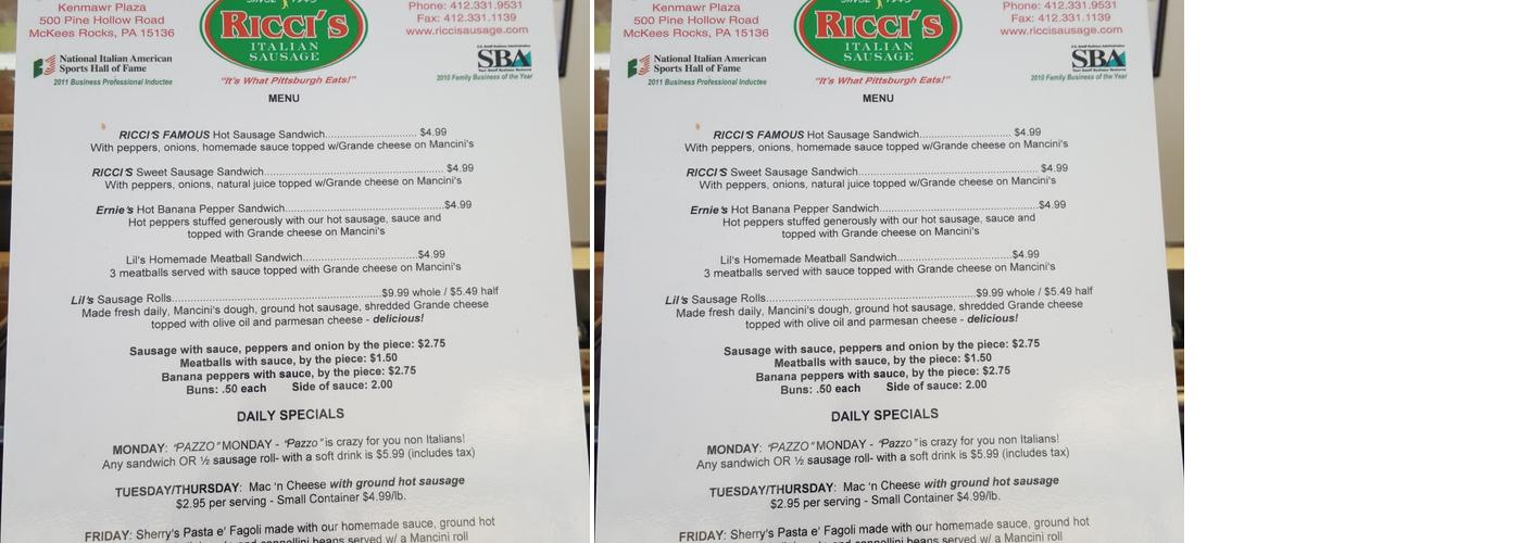 Ricci's Italian Sausage Menu