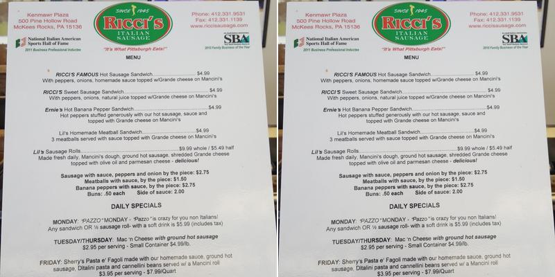 Ricci's Italian Sausage Menu