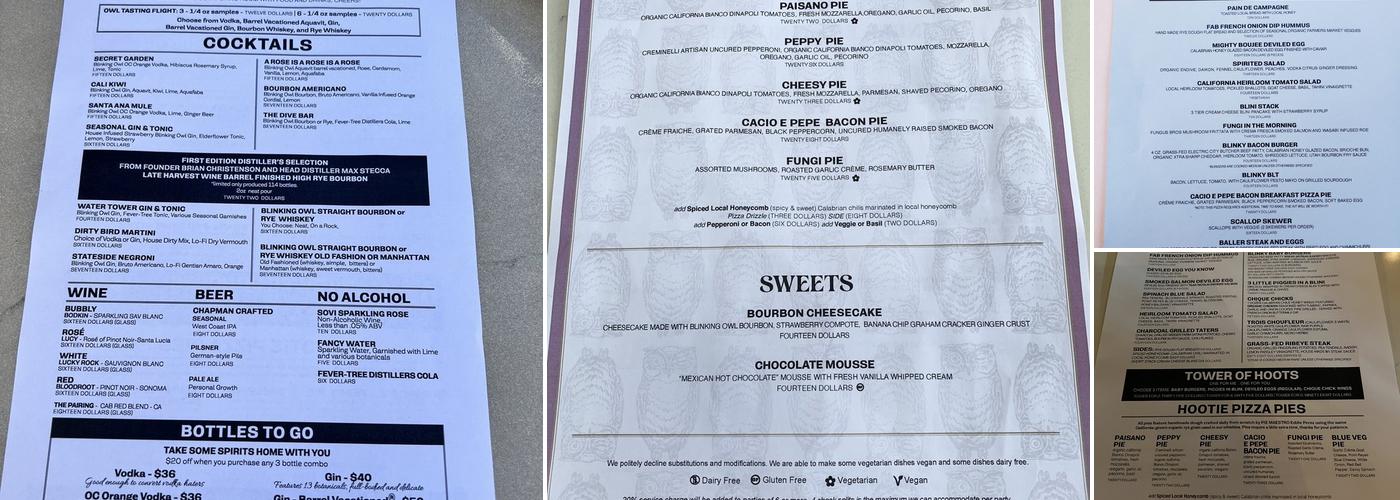 Blinking Owl Distillery Menu