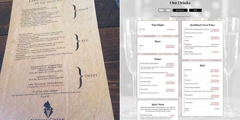 Witch Creek Winery Menu