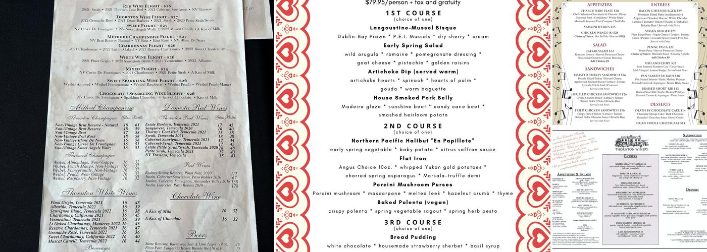Thornton Winery Menu