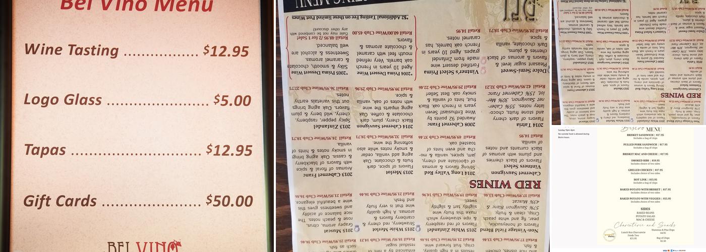 Bel Vino Winery Menu