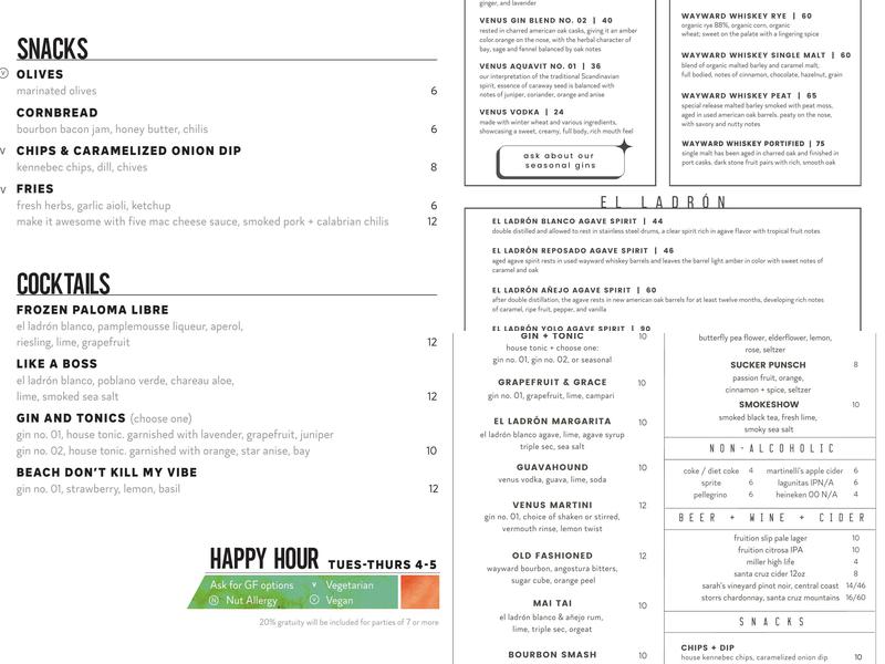 Venus Spirits Tasting Room Menu