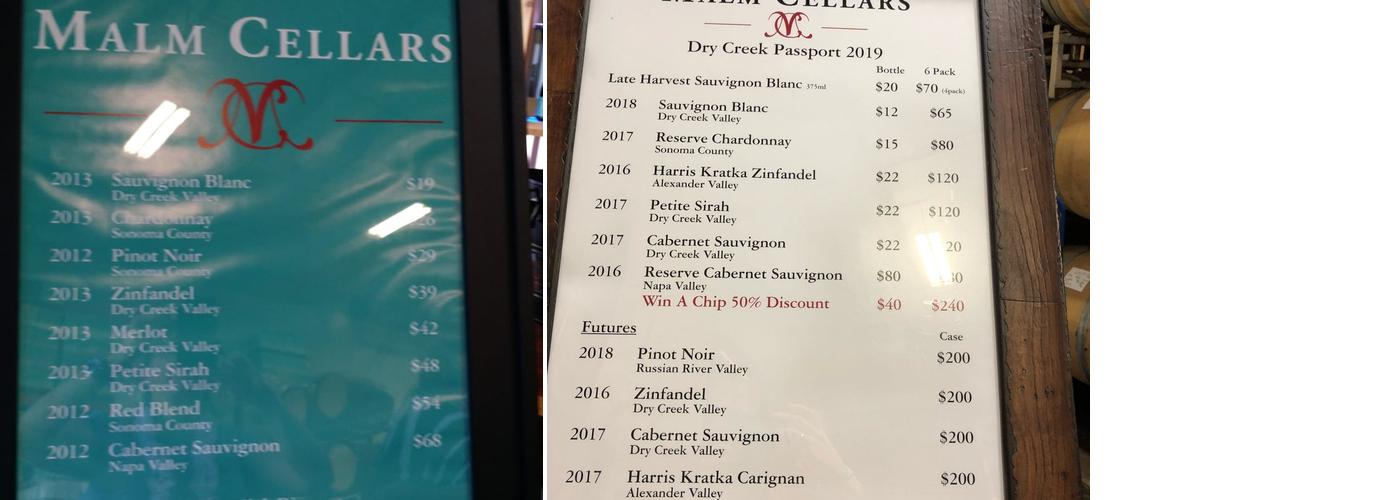Malm Cellars Menu
