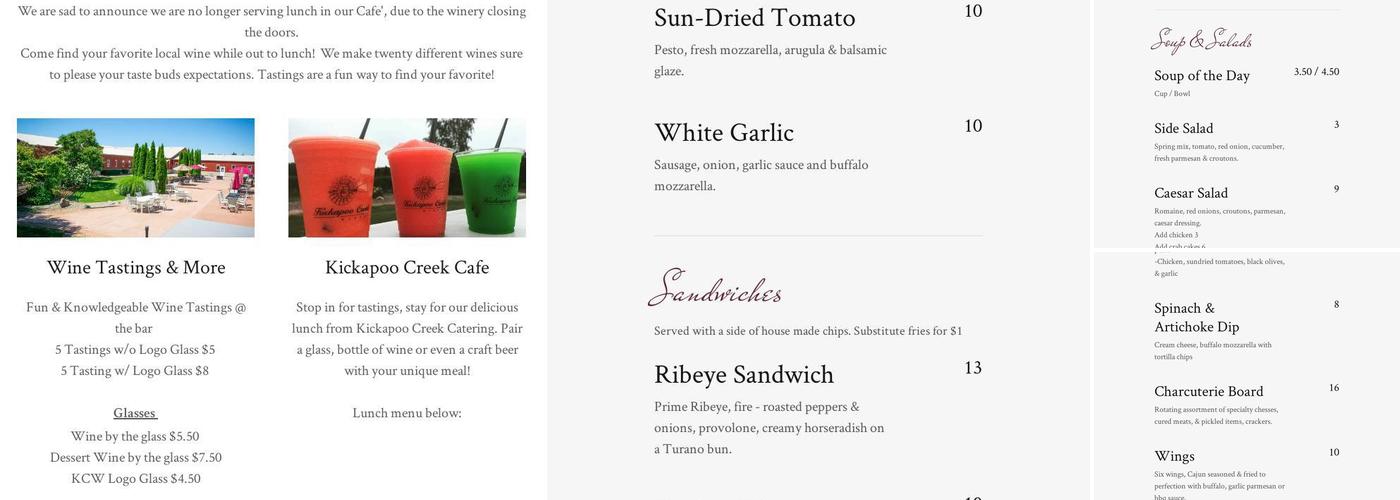 Kickapoo Creek Winery Menu