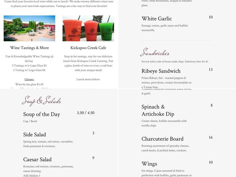 Kickapoo Creek Winery Menu