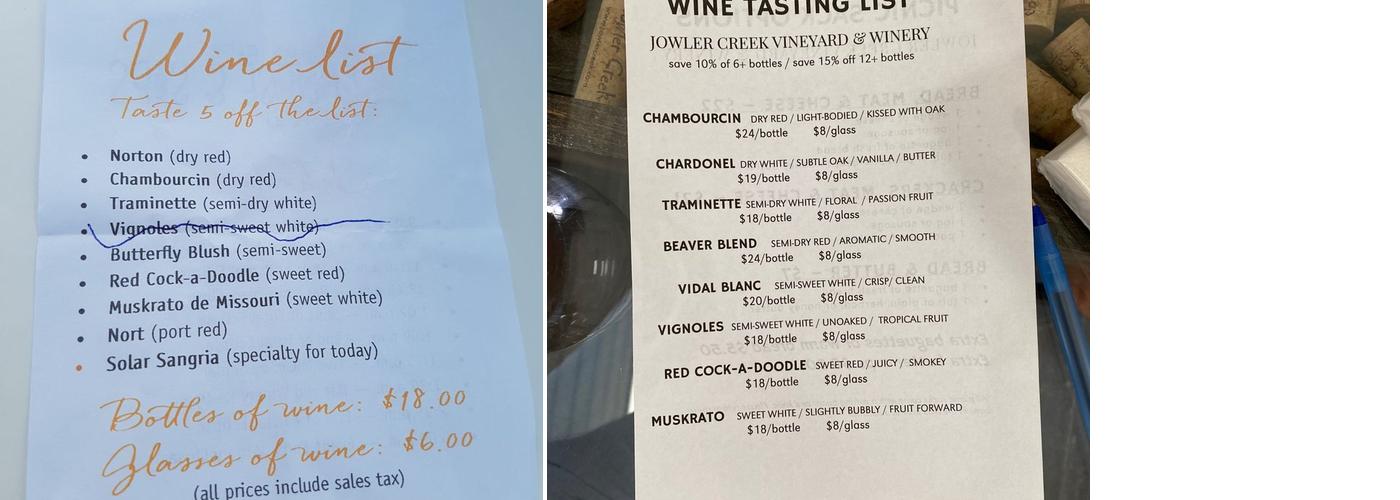 Jowler Creek Vineyard & Winery Menu