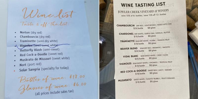 Jowler Creek Vineyard & Winery Menu
