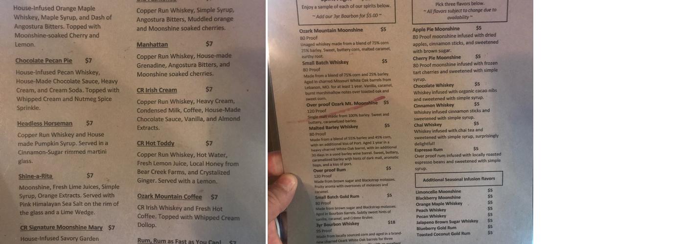 Copper Run Distillery Menu