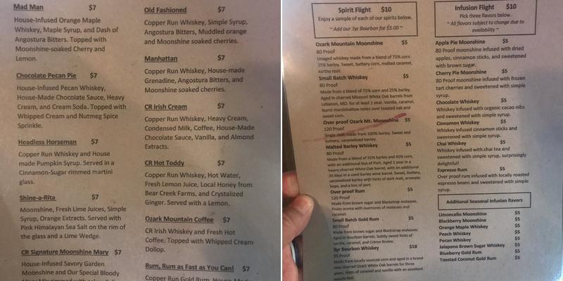 Copper Run Distillery Menu
