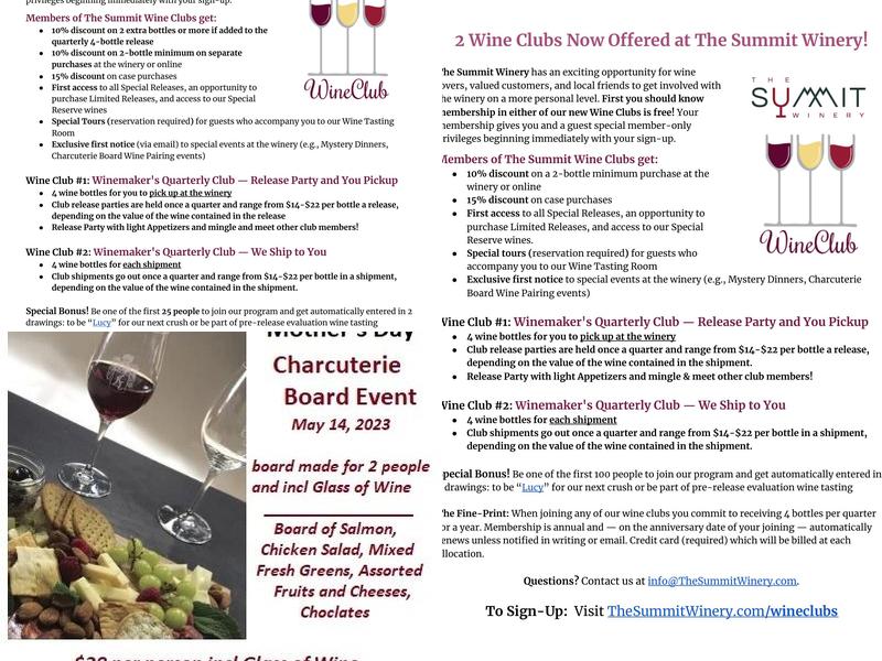 Summit Winery Menu