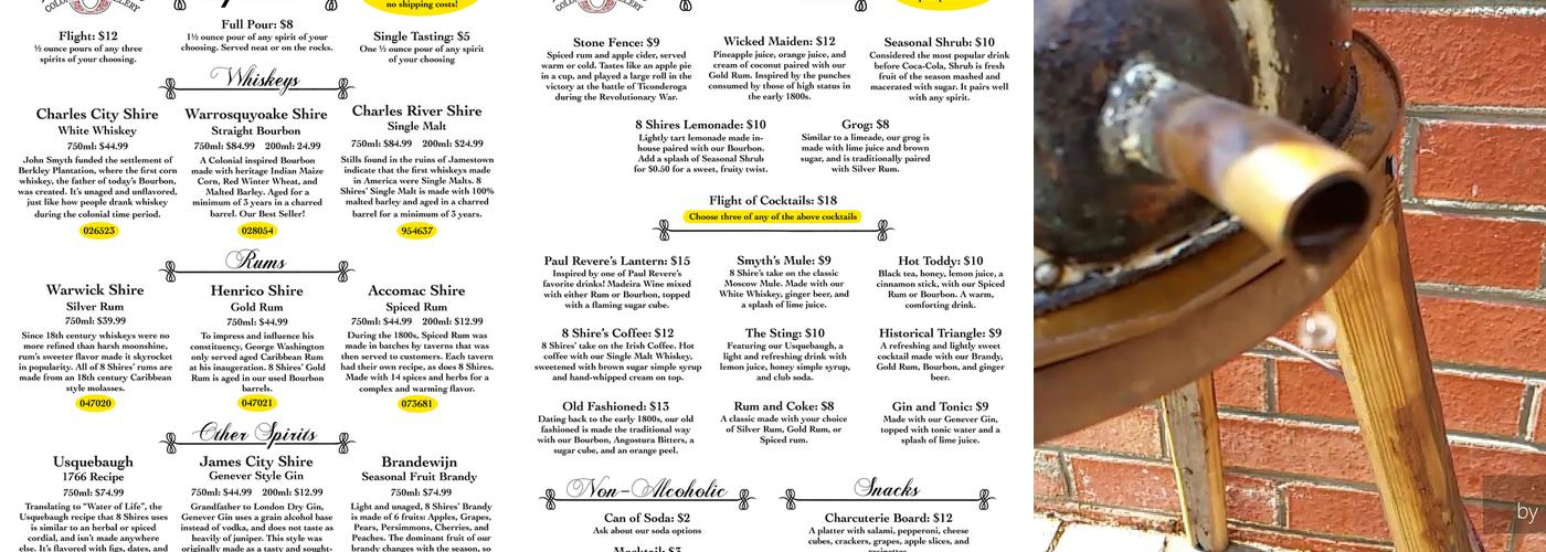 8 Shires Coloniale Distillery Menu