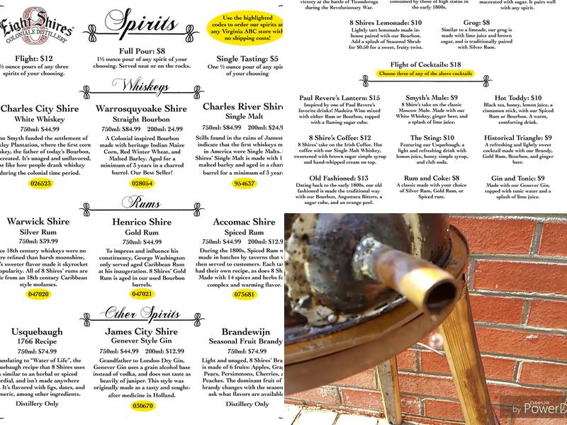 8 Shires Coloniale Distillery Menu