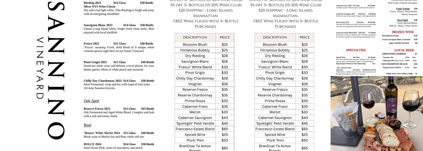 Sannino Vineyard Menu