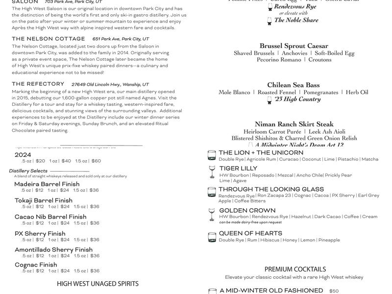 High West Distillery Menu