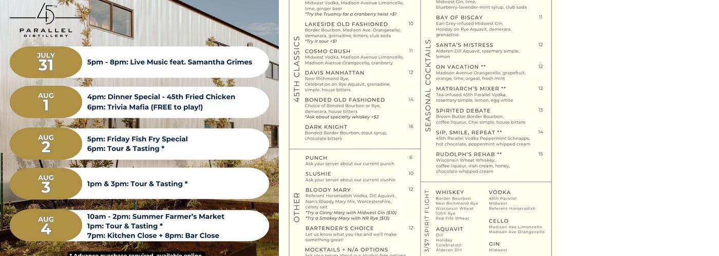 45th Parallel Distillery Menu