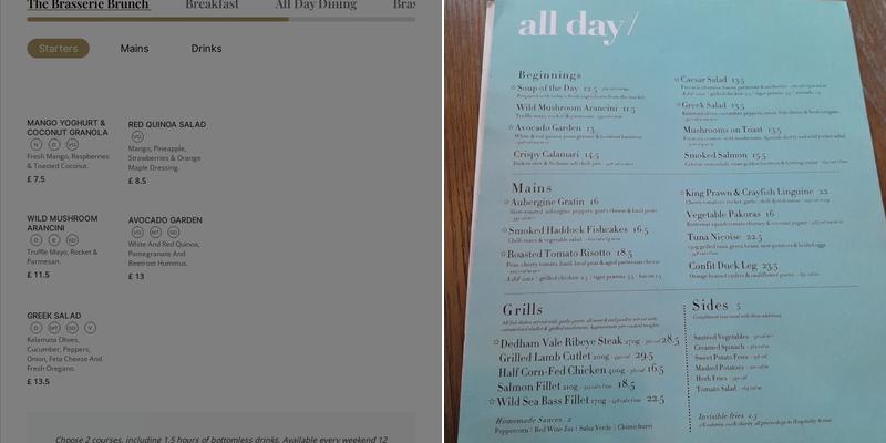 Eastway Brasserie Menu