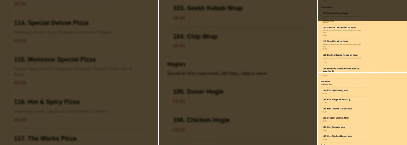 Monsoon Fastfood And Indian Takeaway Menu