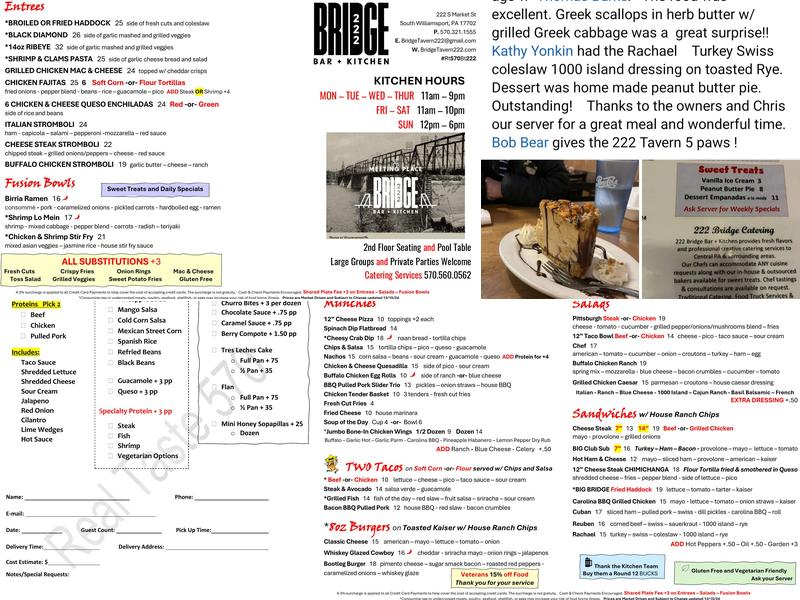 222 Bridge Bar + Kitchen Menu