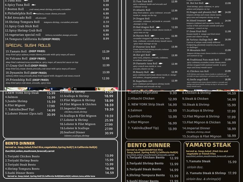 Yamato Japanese Steak House Menu
