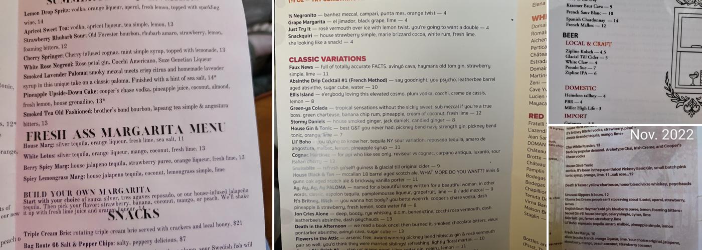 Tiny House Bar Menu