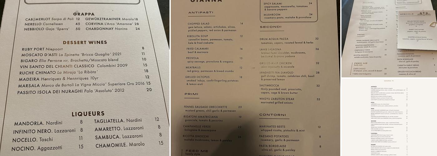Gianna Restaurant Menu