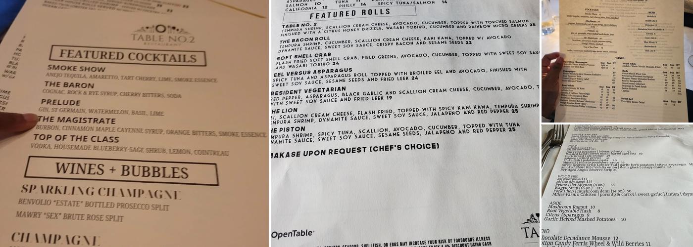 TABLE No. 2 Restaurant Menu