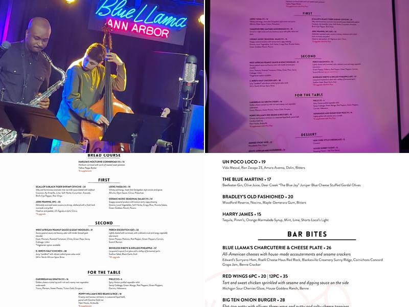 Blue LLama Jazz Club Menu