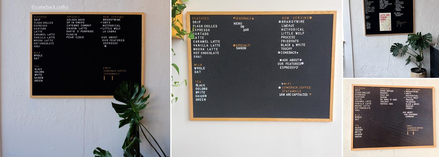 Comeback Coffee Menu