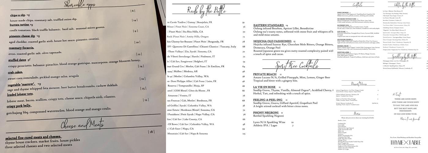 Thyme Table Menu