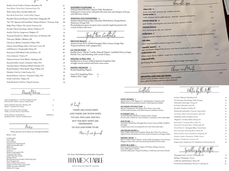 Thyme Table Menu