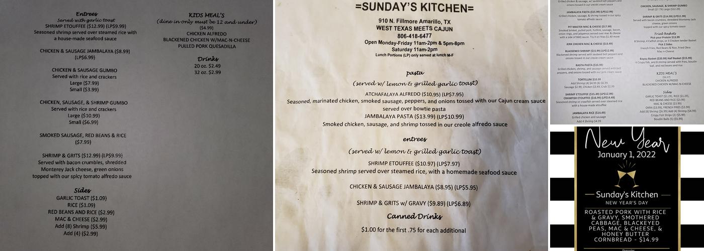 Sunday's Kitchen Menu