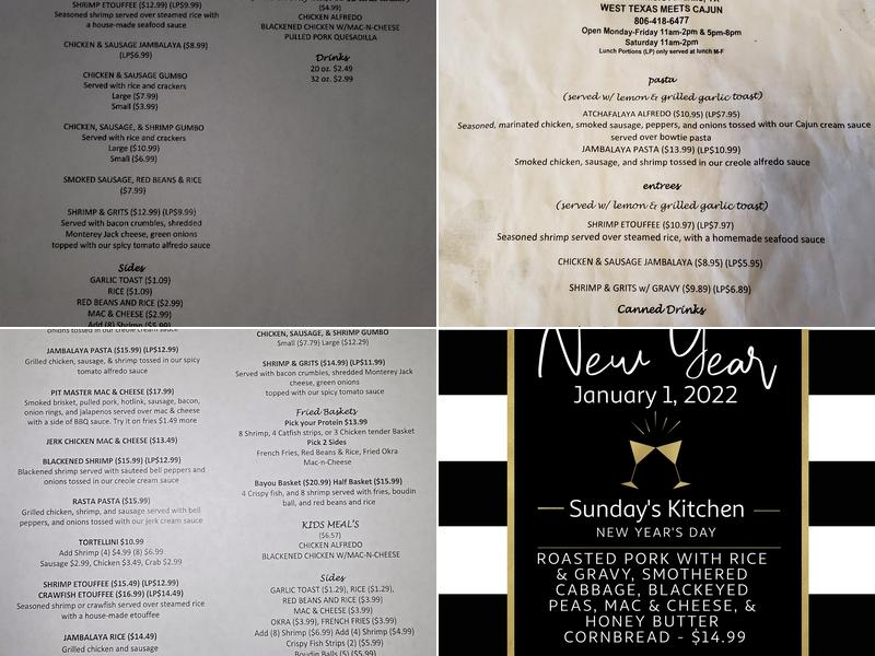 Sunday's Kitchen Menu