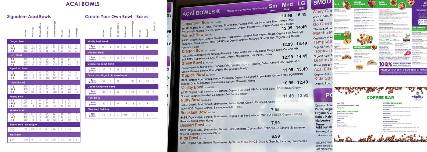 Vitality Bowls Menu
