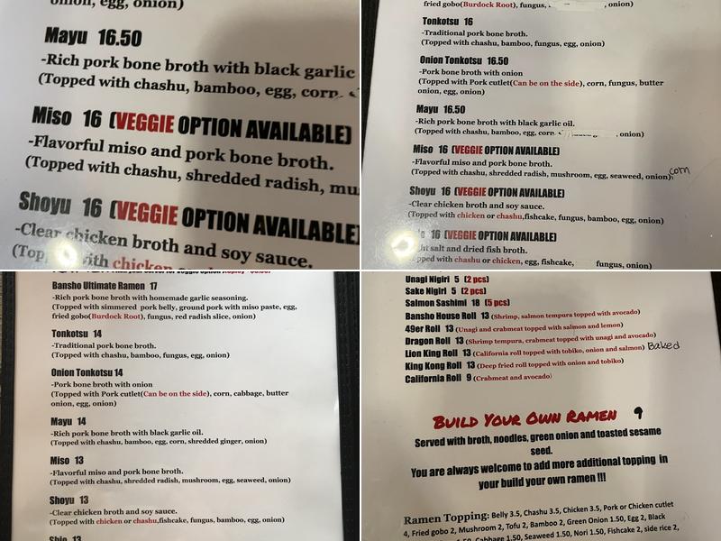 Bansho Ramen Menu