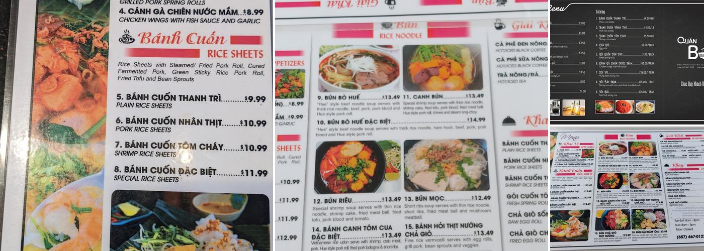 Quán Bún Menu
