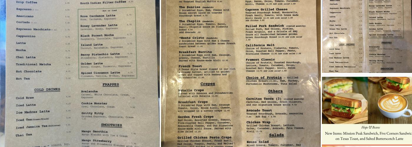 Hops & Beans Cafe Menu