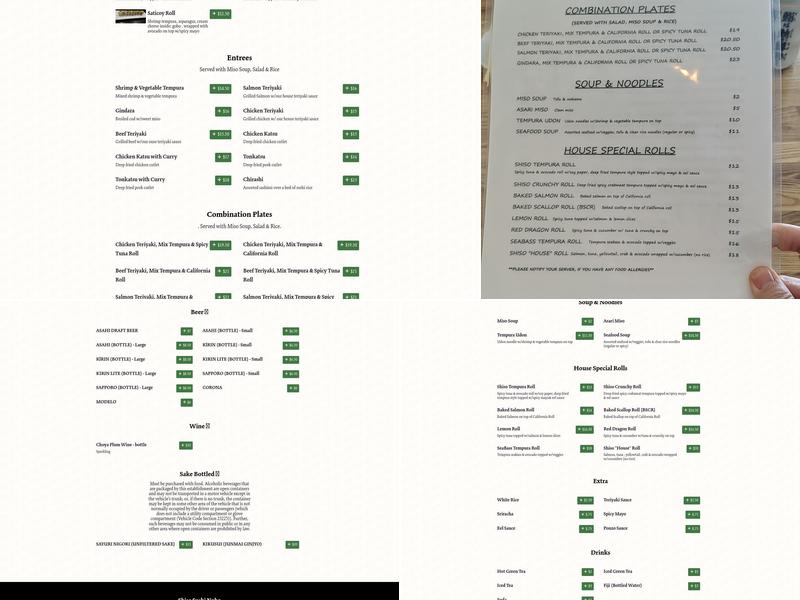 Shiso Sushi Menu